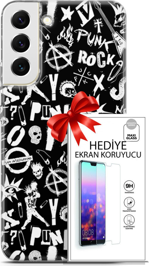 Samsung Galaxy S22 Plus Kılıf Orijinal Seri Punky 18 Rock Punk Parlak Kılıf + Ekran Koruyucu Full Koruma