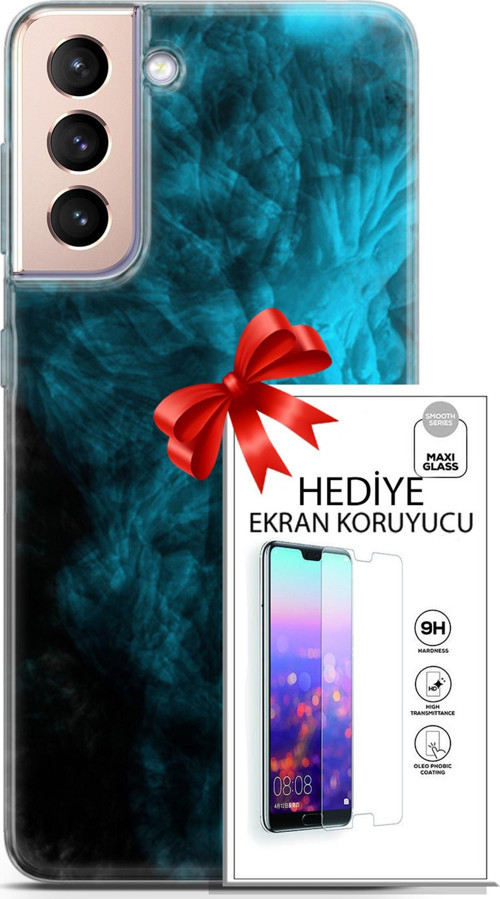 Samsung Galaxy S21 Plus Kılıf Orijinal Seri Nature 15 Mavi Taşlar Kalın Silikon + Ekran Koruyucu