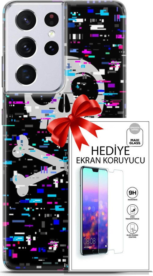 Samsung Galaxy S21 Ultra Kılıf Orijinal Seri Cyberpunk 01 Kurukafa Telefon Kılıfı + Ekran Koruyucu