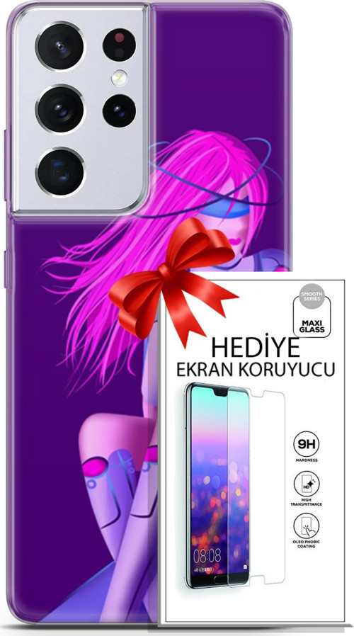 Samsung Galaxy S21 Ultra Kılıf Orijinal Seri Cyberpunk 02 Pembe Saçlı Kapak Ve Ekran Koruyucu