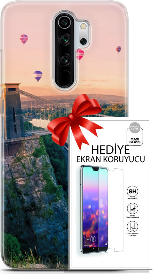 Xiaomi Redmi Note 8 Pro Kılıf Orijinal Seri Fantasy 07 Köprü Balonlar Desenli Kılıf + Ön Ekran Koruyucu