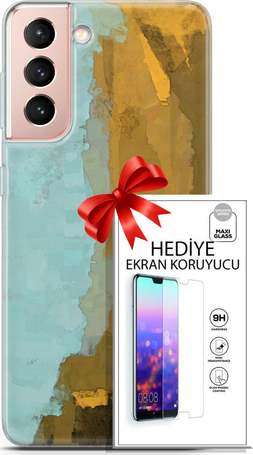 Samsung Galaxy S21 Kılıf Orijinal Seri Nature 25 Su Yeşili Soyulmayan Kılıf + Ekran Koruyucu Full Koruma