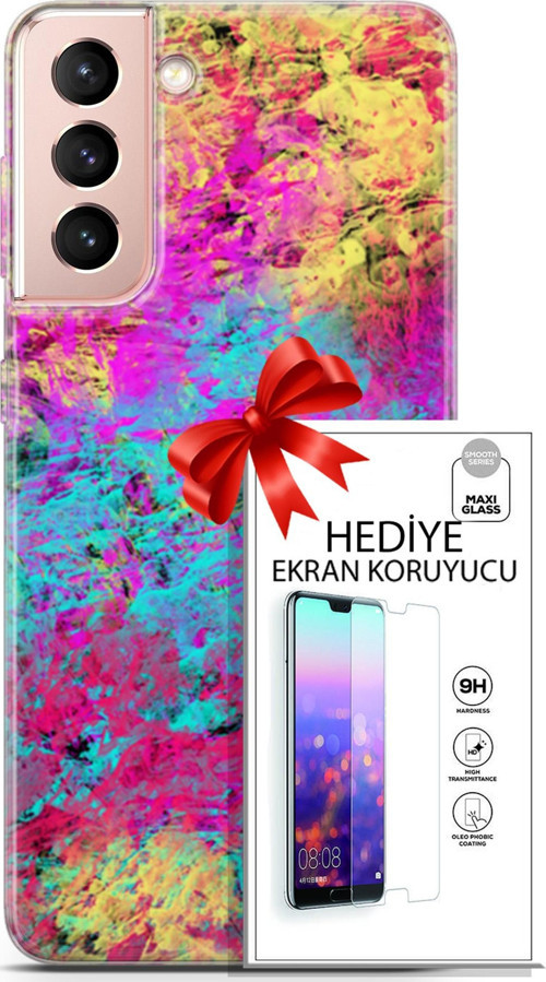 Samsung Galaxy S21 Kılıf Orijinal Seri Nature 29 Çok Renkli Leke Tutmaz Kapak + Ekran Koruyucu