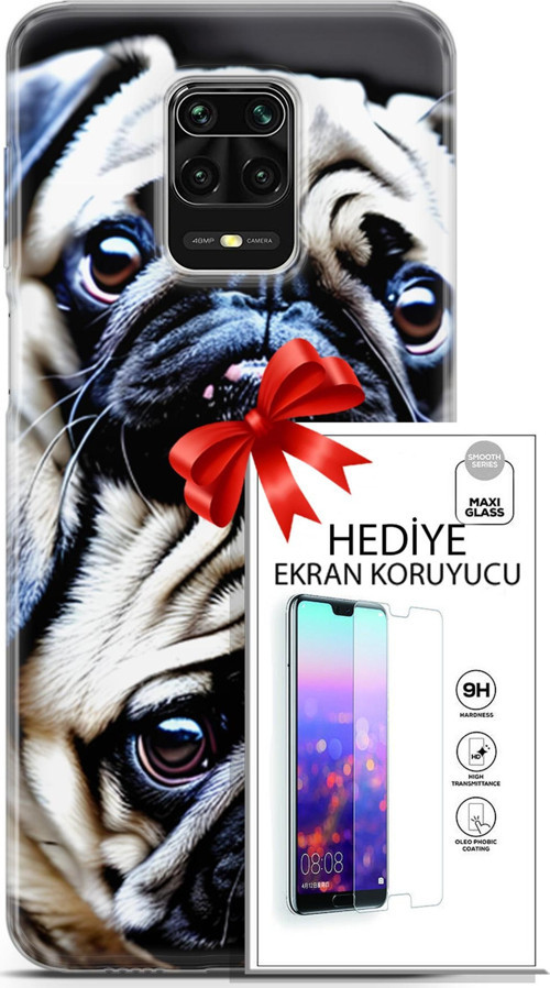 Xiaomi Redmi Note 9 Pro Kılıf Orijinal Seri Dogs 20 İkili Pug Renkli Kılıf Ekran Koruyucu
