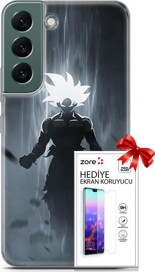 Samsung Galaxy S22 Kılıf Orijinal Seri Supers 27 Dark Goku Lazer Kesim Silikon Ekran Koruyucu
