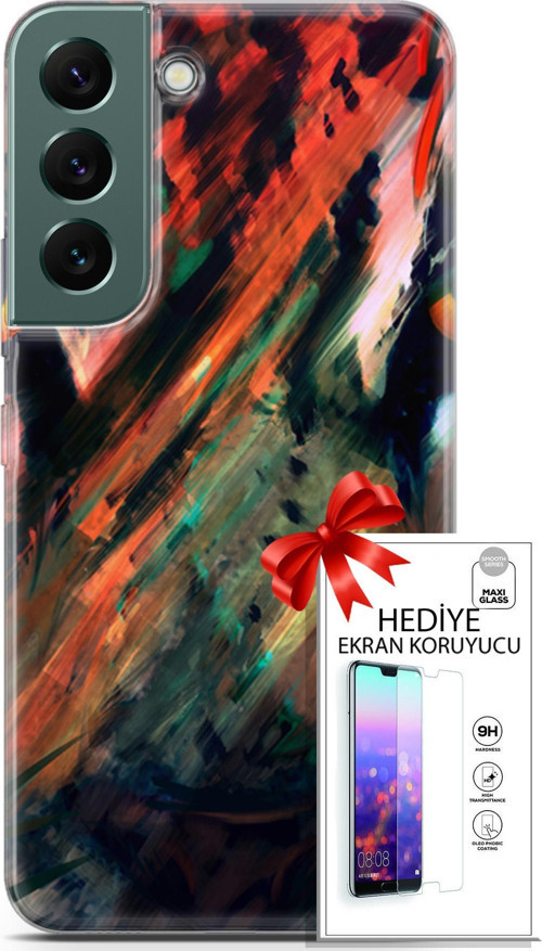 Samsung Galaxy S22 Kılıf Orijinal Seri Algorand 20 Kırmızı Yeşil Renkli Kılıf Ekran Koruyucu