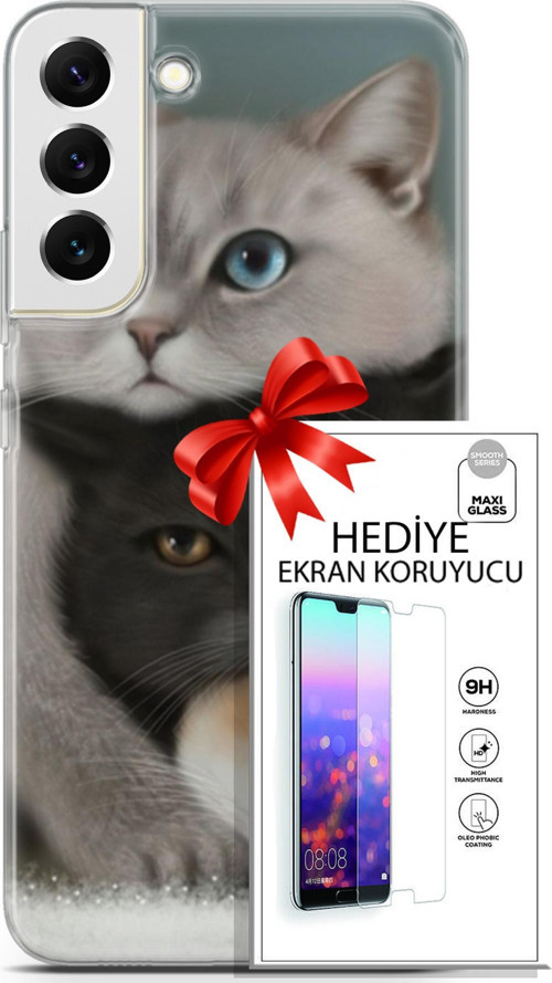 Samsung Galaxy S22 Plus Kılıf Orijinal Seri Scotish-British 13 Beyaz Gri Kahve Kediler Case Kapak Ekran Koruyucu