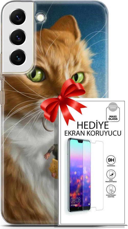 Samsung Galaxy S22 Plus Kılıf Orijinal Seri Scotish-British 14 Sibirya Kedisi Avcı Cover Kılıf + Ekran Koruyucu