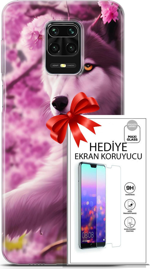Xiaomi Redmi Note 9S Kılıf Orijinal Seri Dogs 02 Çiçekler Ve Kurt Kapak Ve Ekran Koruyucu