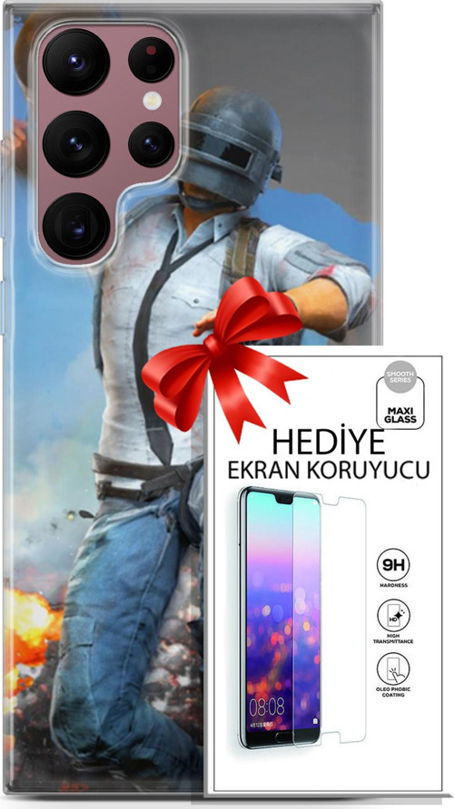 Samsung Galaxy S22 Ultra Kılıf Orijinal Seri Pubg 01 Action Figur Telefon Kılıfı + Ekran Koruyucu