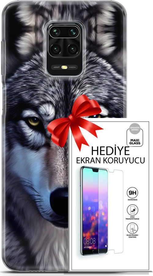 Xiaomi Redmi Note 9S Kılıf Orijinal Seri Dogs 07 Kurt Yüz Desenli Kılıf + Ön Ekran Koruyucu