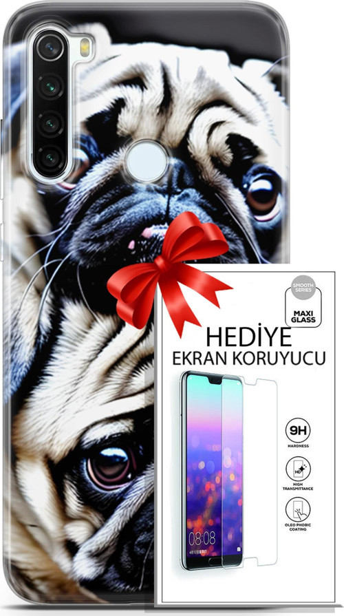 Xiaomi Redmi Note 8T Kılıf Orijinal Seri Dogs 20 İkili Pug Renkli Kılıf Ekran Koruyucu