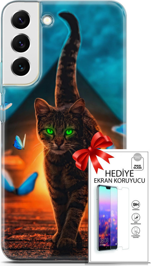 Samsung Galaxy S22 Plus Kılıf Orijinal Seri Algorand 09 Yeşil Neon Kedi Uv Kılıf Ve Ekran Koruyucu