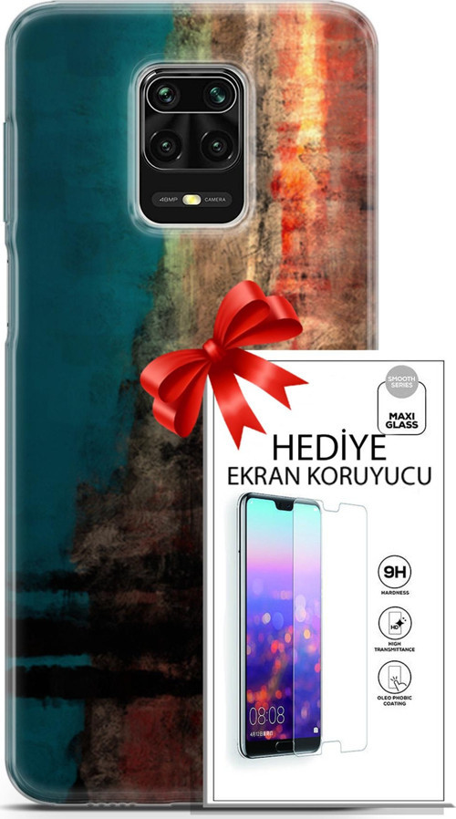Xiaomi Redmi Note 9 Pro Kılıf Orijinal Seri Nature 03 Yeşil Turuncu Taş Arka Kapak + Ekran Koruyucu