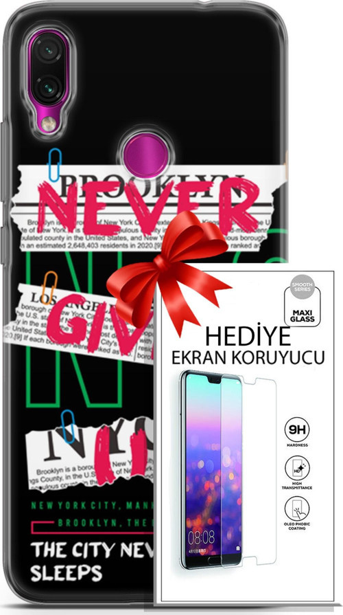 Xiaomi Redmi Note 7 Kılıf Orijinal Seri Punky 21 Never Give Up Darbe Önleyici Kapak + Ön Ekran Koruyucu