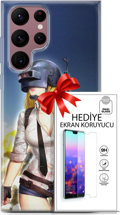 Samsung Galaxy S22 Ultra Kılıf Orijinal Seri Pubg 27 Anna Lazer Kesim Silikon Ekran Koruyucu