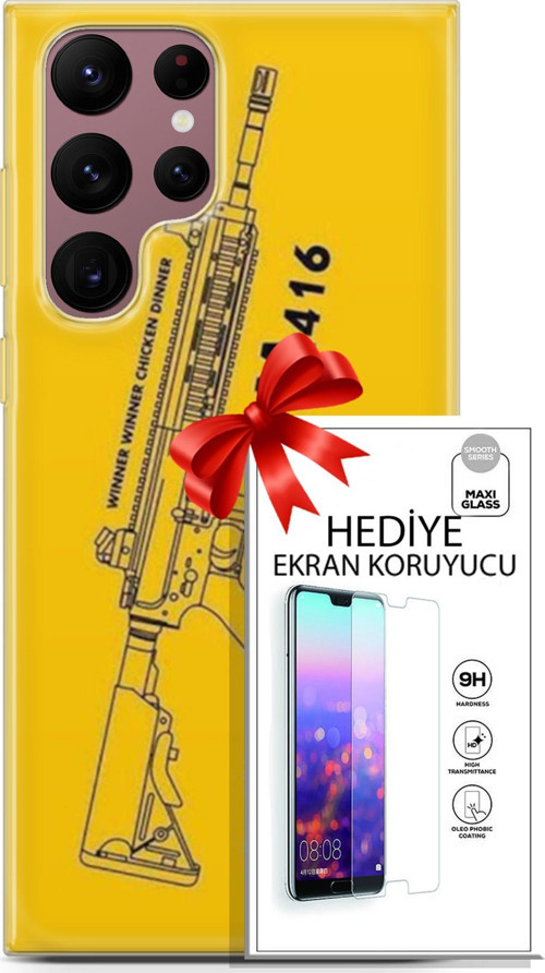 Samsung Galaxy S22 Ultra Kılıf Orijinal Seri Pubg 28 M416 İz Bırakmayan Kılıf + Ön Ekran Koruyucu