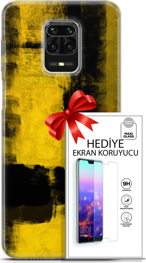 Xiaomi Redmi Note 9 Pro Kılıf Orijinal Seri Nature 08 Sarı Siyah Baskılı Kılıf + Ekran Koruyucu