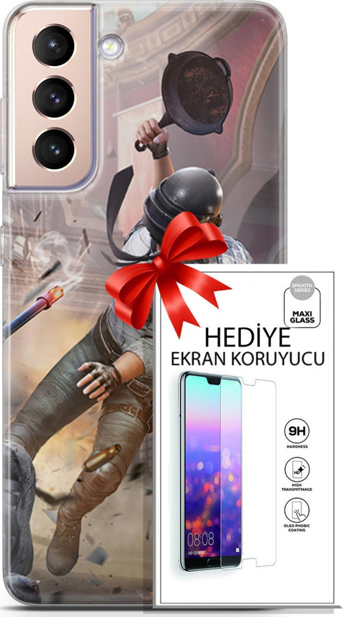 Samsung Galaxy S21 Plus Kılıf Orijinal Seri Pubg 07 Kravatlı Karakter Desenli Kılıf + Ön Ekran Koruyucu