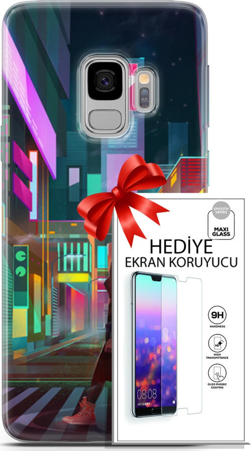 Samsung Galaxy S9 Kılıf Orijinal Seri Cyberpunk 05 Neon City Koruma Kılıfı + Ekran Koruyucu