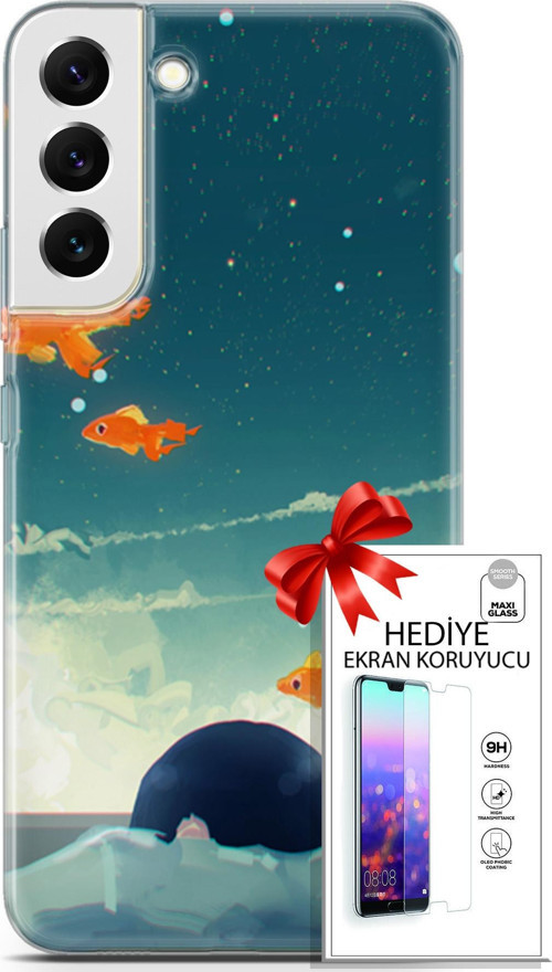 Samsung Galaxy S22 Plus Kılıf Orijinal Seri Algorand 29 Uçan Balıklar Leke Tutmaz Kapak + Ekran Koruyucu