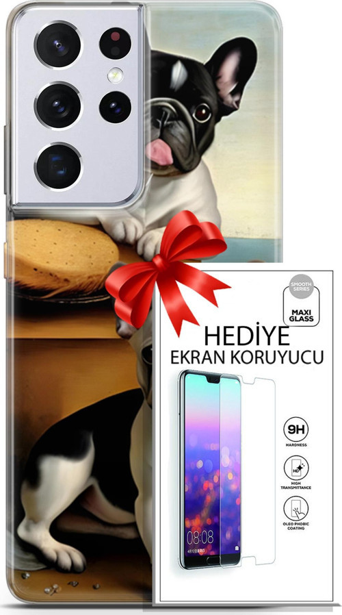 Samsung Galaxy S21 Ultra Kılıf Orijinal Seri Dogs 28 Fransız Bulldog İz Bırakmayan Kılıf + Ön Ekran Koruyucu