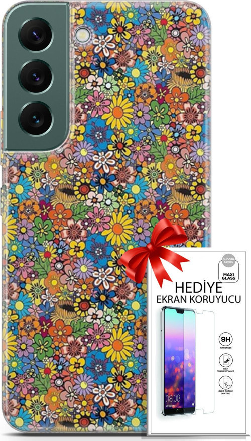 Samsung Galaxy S22 Kılıf Orijinal Seri Cardano 06 Küçük Çiçekler Koruyucu Kapak Ekran Koruyucu