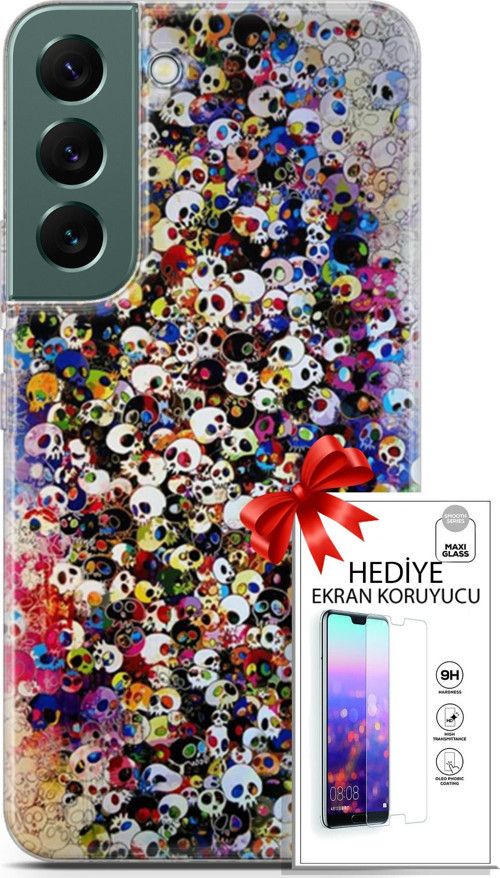 Samsung Galaxy S22 Kılıf Orijinal Seri Cardano 08 Kurukafalar Baskılı Kılıf + Ekran Koruyucu