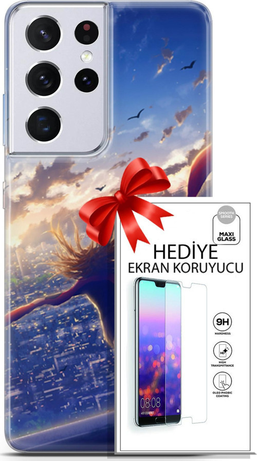 Samsung Galaxy S21 Ultra Kılıf Orijinal Seri Fantasy 03 Kuşlar Kız Arka Kapak + Ekran Koruyucu