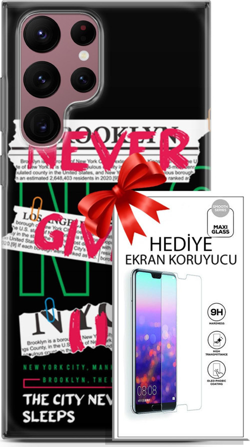 Samsung Galaxy S22 Ultra Kılıf Orijinal Seri Punky 21 Never Give Up Darbe Önleyici Kapak + Ön Ekran Koruyucu