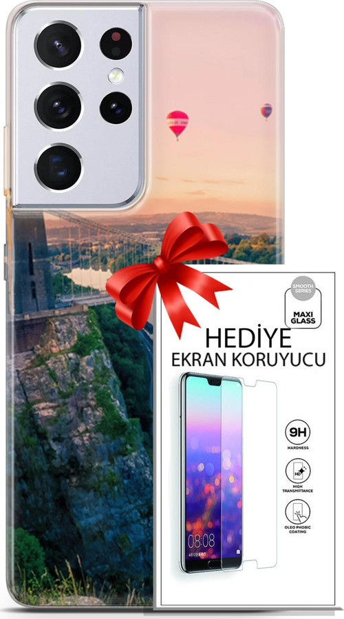 Samsung Galaxy S21 Ultra Kılıf Orijinal Seri Fantasy 07 Köprü Balonlar Desenli Kılıf + Ön Ekran Koruyucu