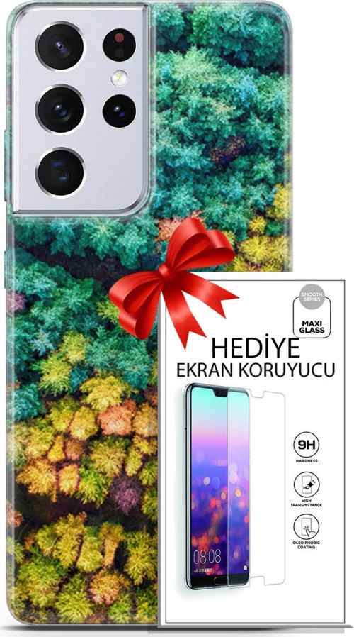 Samsung Galaxy S21 Ultra Kılıf Orijinal Seri Fantasy 08 Kuşbakışı Orman Baskılı Kılıf + Ekran Koruyucu