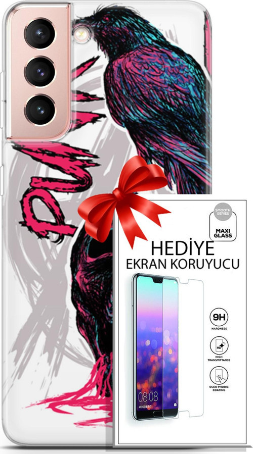 Samsung Galaxy S21 Kılıf Orijinal Seri Punky 03 Karga İskelet Arka Kapak + Ekran Koruyucu