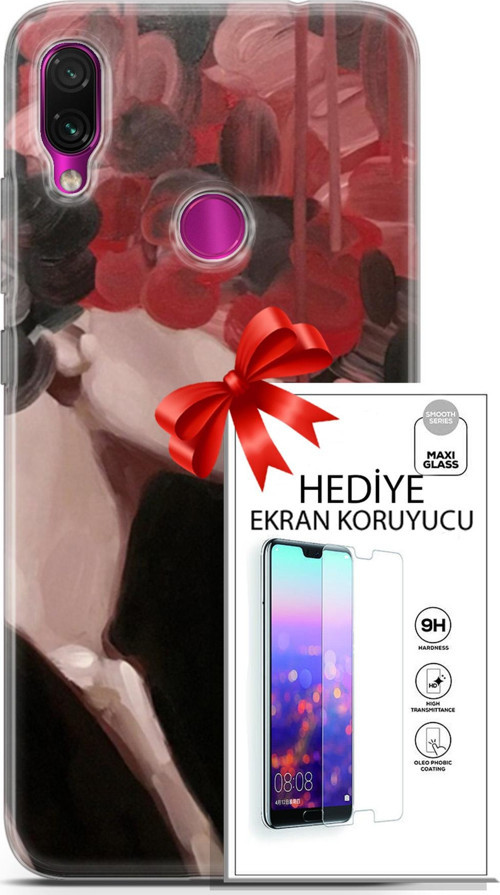 Xiaomi Redmi Note 7 Kılıf Orijinal Seri Soul 19 Kırmızı Pembe Siyah Tam Koruma Kılıf + Ekran Koruyucu