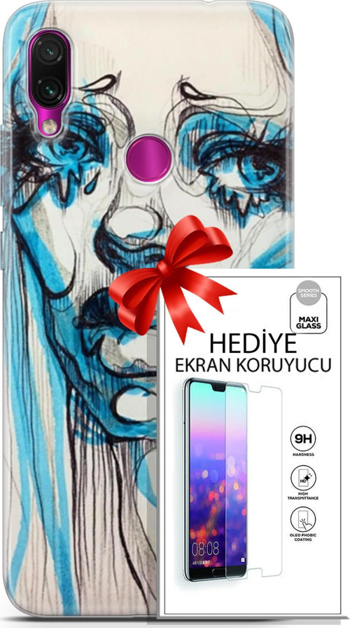 Xiaomi Redmi Note 7 Kılıf Orijinal Seri Soul 26 Hüzünlü Yüz Soft Kapak + Ekran Koruyucu