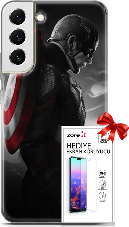 Samsung Galaxy S22 Plus Kılıf Orijinal Seri Supers 18 Captain America Parlak Kılıf + Ekran Koruyucu