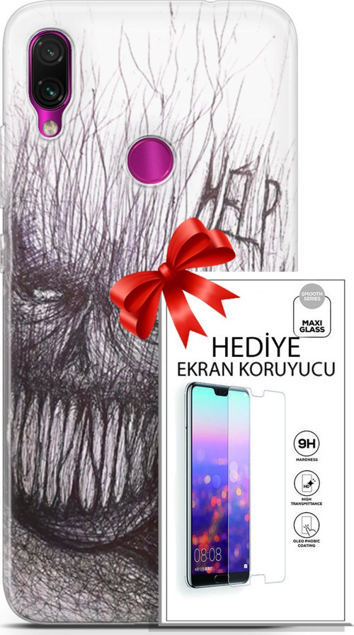Xiaomi Redmi Note 7 Kılıf Orijinal Seri Soul 29 Şeytan Leke Tutmaz Kapak + Ekran Koruyucu