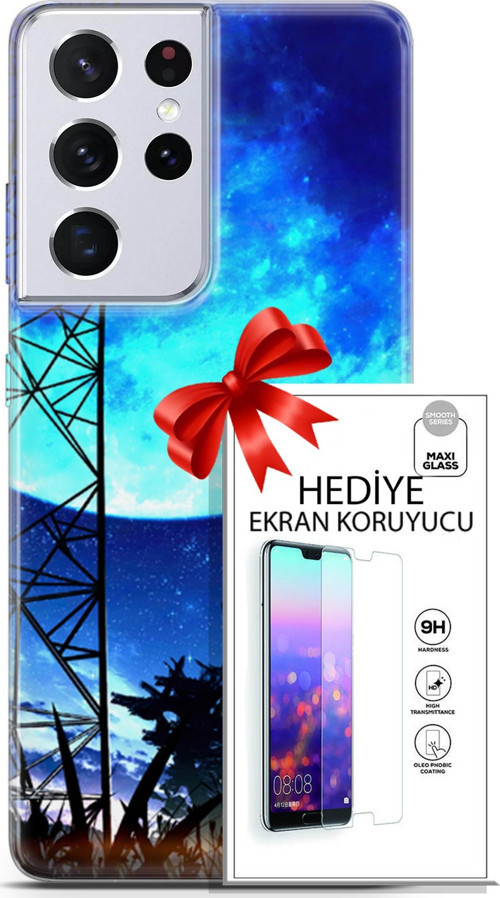 Samsung Galaxy S21 Ultra Kılıf Orijinal Seri Fantasy 24 Mavi Ay Darbe Emici Kılıf + Ekran Koruyucu