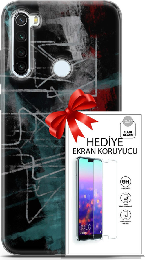 Xiaomi Redmi Note 8T Kılıf Orijinal Seri Nature 07 Gri Çizgiler Desenli Kılıf + Ön Ekran Koruyucu
