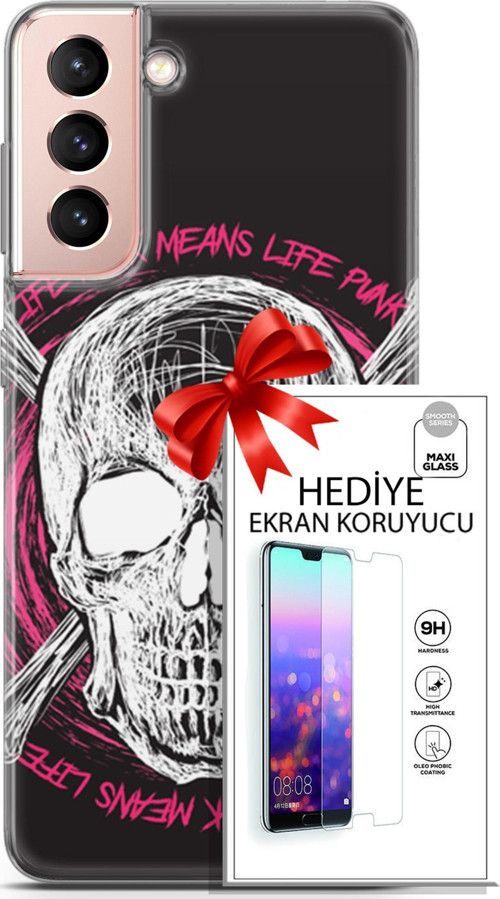 Samsung Galaxy S21 Kılıf Orijinal Seri Punky 10 Punk Kurukafa Full Hd Kılıf + Ekran Koruyucu
