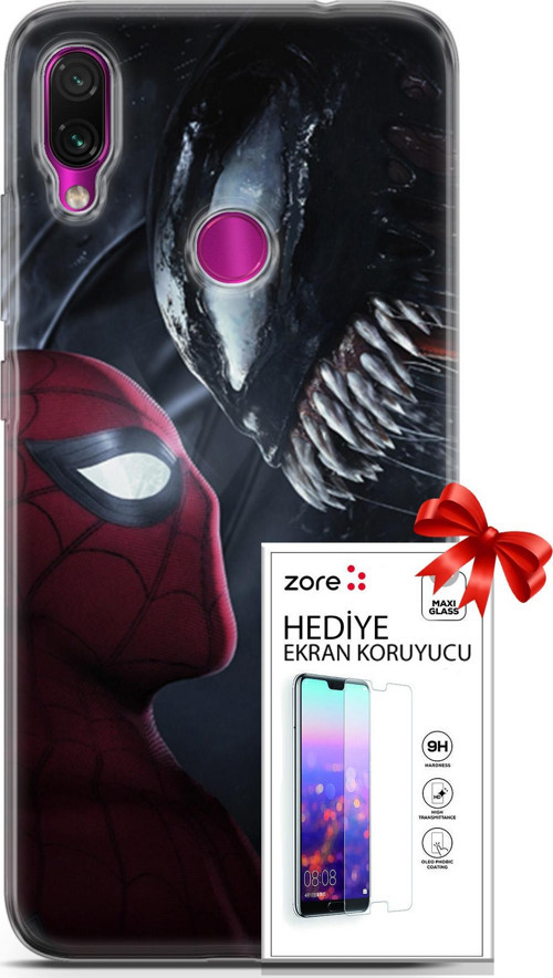 Xiaomi Redmi Note 7 Kılıf Orijinal Seri Supers 09 Spider-Man Vs Venom Uv Kılıf Ve Ekran Koruyucu