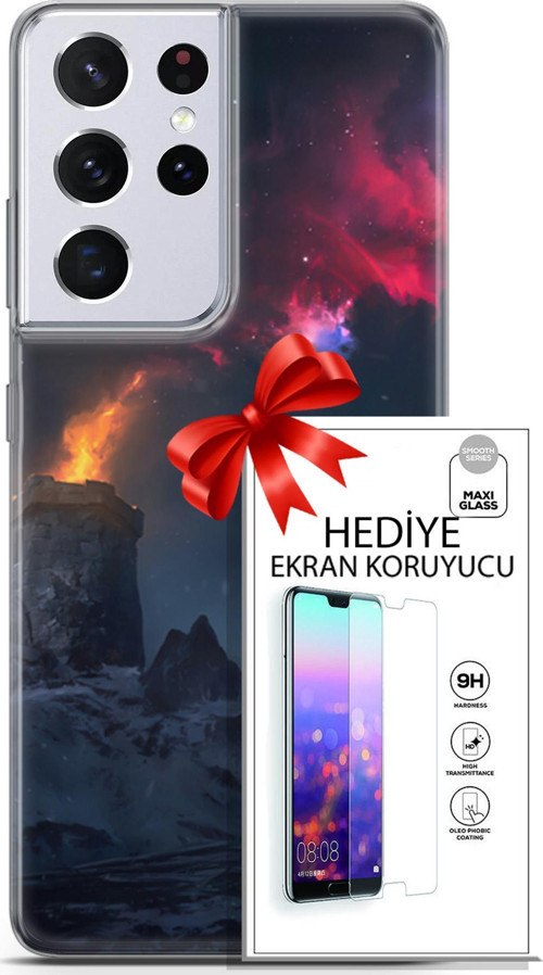 Samsung Galaxy S21 Ultra Kılıf Orijinal Seri Fantasy 28 Kuzey Işıkları İz Bırakmayan Kılıf + Ön Ekran Koruyucu