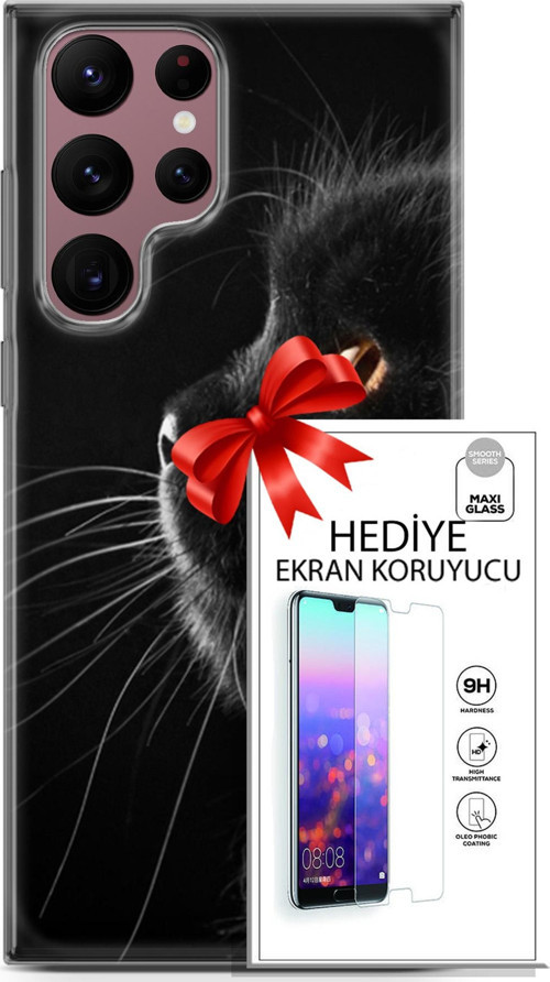 Samsung Galaxy S22 Ultra Kılıf Orijinal Seri Scotish-British 22 Kedi Bıyık Detay Kap + Ekran Koruyucu