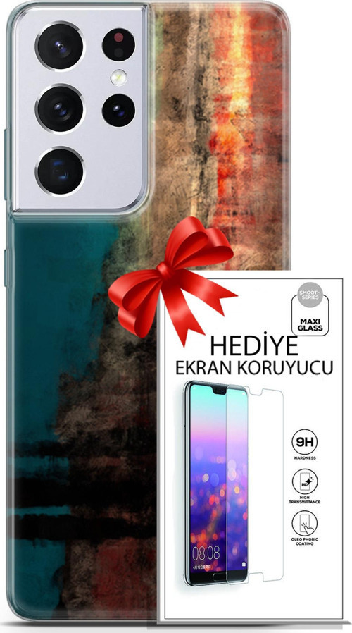 Samsung Galaxy S21 Ultra Kılıf Orijinal Seri Nature 03 Yeşil Turuncu Taş Arka Kapak + Ekran Koruyucu