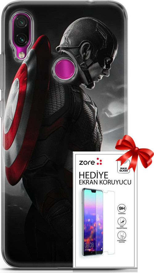 Xiaomi Redmi Note 7 Kılıf Orijinal Seri Supers 18 Captain America Parlak Kılıf + Ekran Koruyucu Full