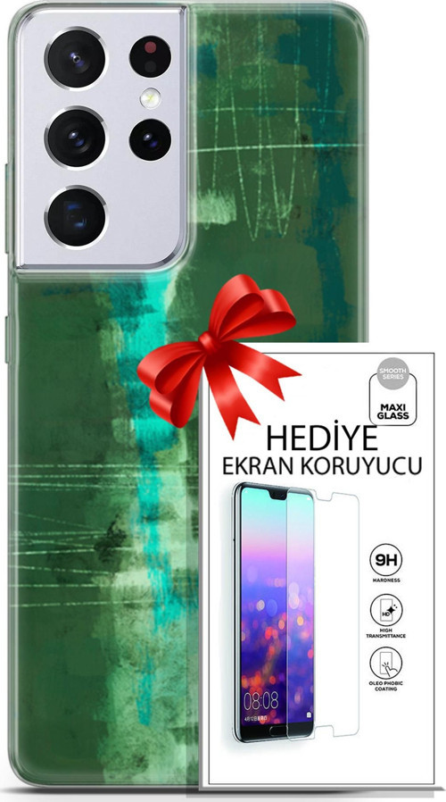 Samsung Galaxy S21 Ultra Kılıf Orijinal Seri Nature 06 Yeşil Koruyucu Kapak Ekran Koruyucu