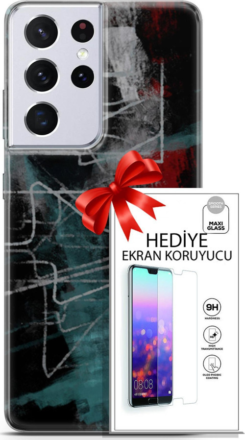 Samsung Galaxy S21 Ultra Kılıf Orijinal Seri Nature 07 Gri Çizgiler Desenli Kılıf + Ön Ekran Koruyucu