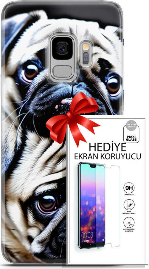 Samsung Galaxy S9 Kılıf Orijinal Seri Dogs 20 İkili Pug Renkli Kılıf Ekran Koruyucu
