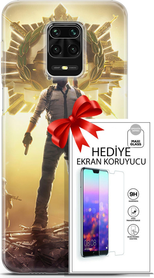 Xiaomi Redmi Note 9 Pro Kılıf Orijinal Seri Pubg 08 Kasklı Baskılı Kılıf + Ekran Koruyucu