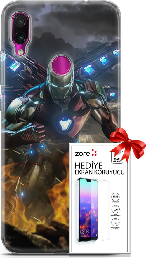 Xiaomi Redmi Note 7 Kılıf Orijinal Seri Supers 30 Iron Man Kenarları Şeffaf Kapak Ve Ekran Koruyucu